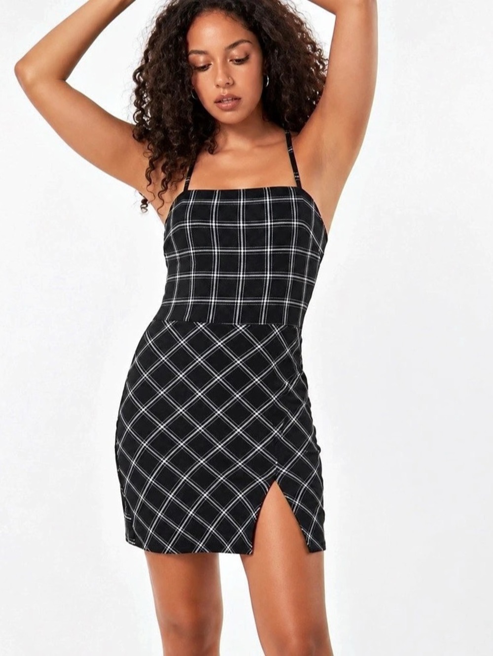 Black & White Plaid Side-Slit Mini Dress